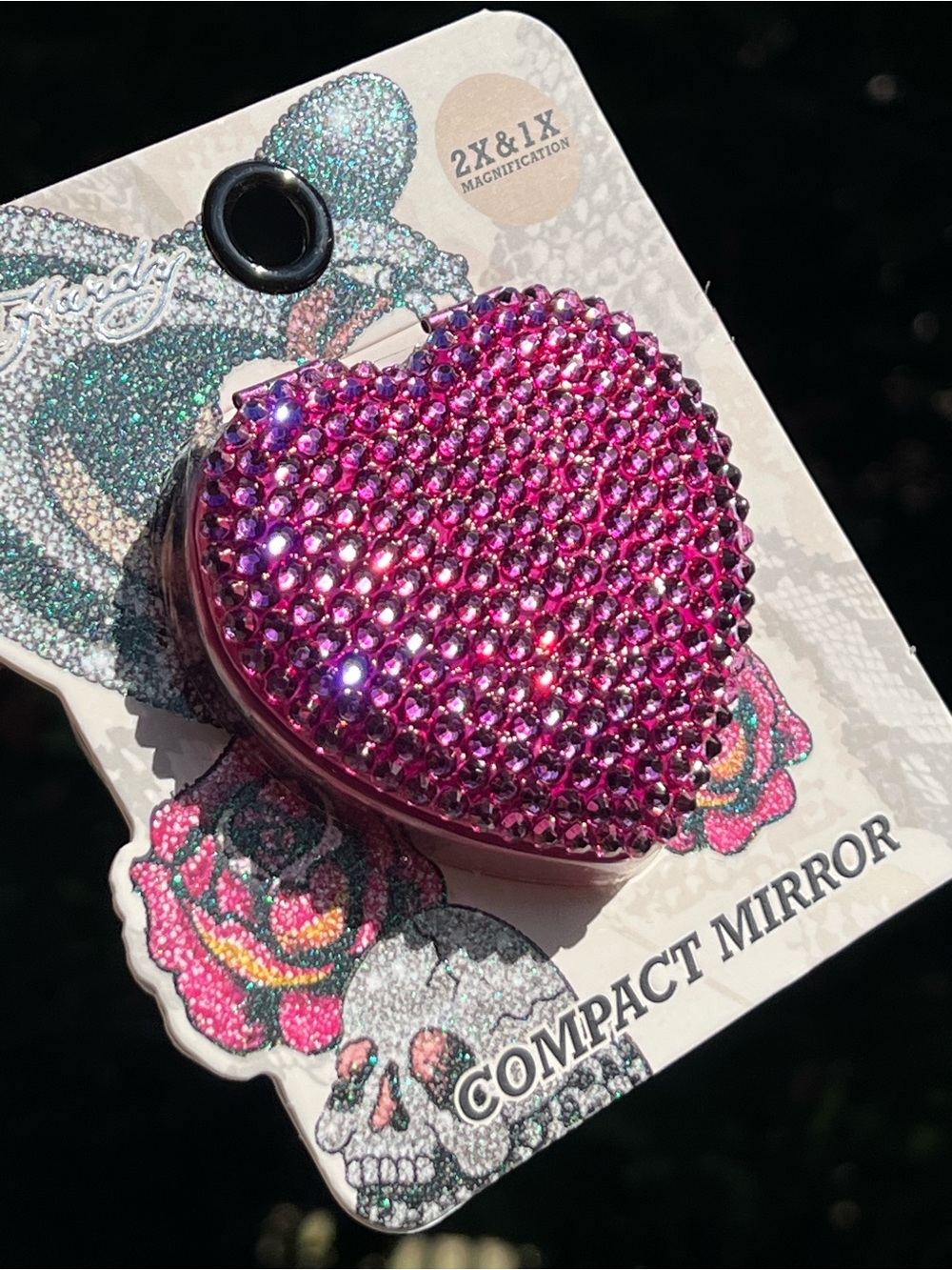 Hot Pink Heart Rhinestone Bling Compact Mirror